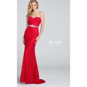 Ellie Wilde MAKE AN OFFER red lace off shoulder prom pageant evening dress